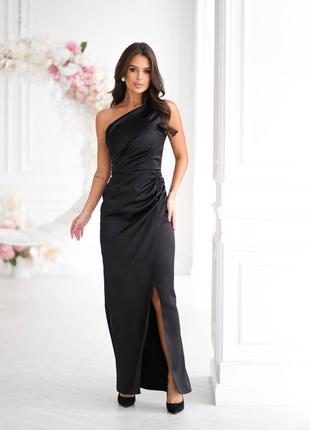Ефектна атласна сукня в підлогу на одне плече, вечірнє плаття максі з розрізом, святкова с...