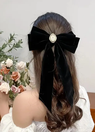 Зажим для волос ретро заколка черный вельветовый бант