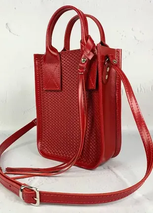 Сумка женская "амели" "натуральная кожа, красная с тиснением под плетёнку