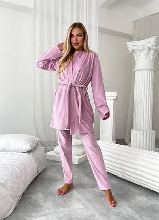 Велюровый женский домашний костюм-пижама, 13 цветов, тройка - футболка, кардиган, брюки