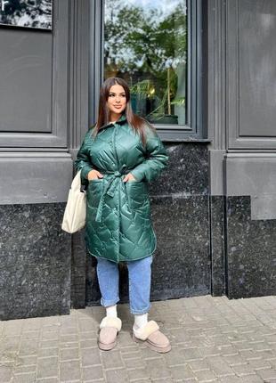 Стьобана довга жіноча демісезонна куртка з поясом, жіноча куртка осінь весна з кишенями поясом/42-44,46-48,50-52,54-56/ 41872