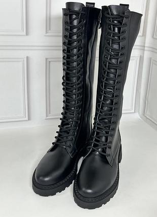 Женские кожаные берцы сапоги на шнуровке черные натуральная кожа замша осень зима по...