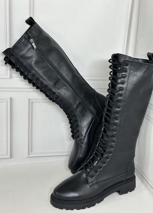 Женские кожаные берцы сапоги на шнуровке черные натуральная кожа замша осень зима по...
