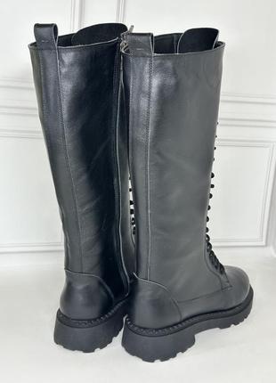 Женские кожаные берцы сапоги на шнуровке черные натуральная кожа замша осень зима по...