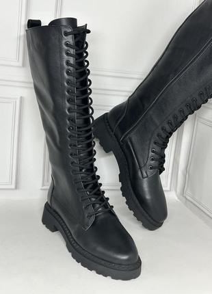 Женские кожаные берцы сапоги на шнуровке черные натуральная кожа замша осень зима по...