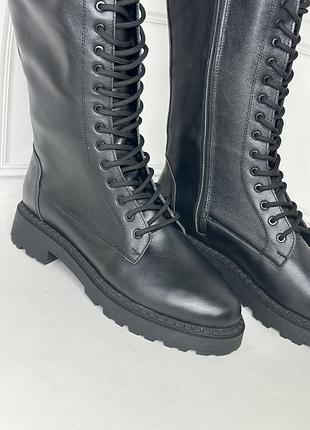 Женские кожаные берцы сапоги на шнуровке черные натуральная кожа замша осень зима по...