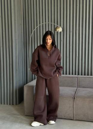 Жіночий неймовірно якісний коричневий лютий фітовий оверсайз вільного крою теплий костюм двійка