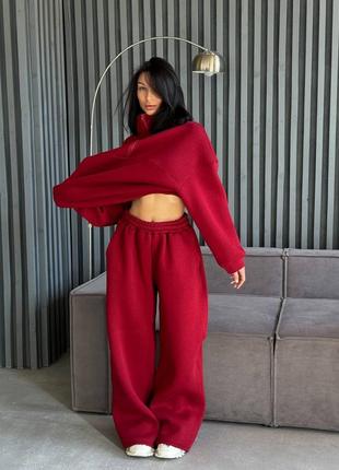 Жіночий неймовірно якісний червоний лютий фітовий оверсайз вільного крою теплий костюм двійка