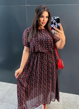 Длинное шифоновое платье на подкладке в цветочный принт с резинкой в талии4 фото