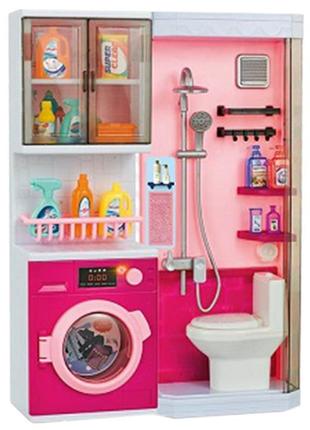 Мебель для куклы, мебель ванная комната со стиральной машиной, мебель для куклы розовая, озвученная со светом2 фото