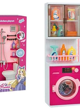 Мебель для куклы, мебель ванная комната со стиральной машиной, мебель для куклы розовая, озвученная со светом3 фото