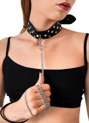 Ошейник с поводком из натуральной кожи с заклепками art of sex - jenna collar with leash, черный