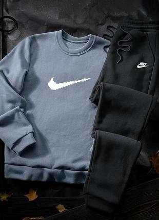 Мужской спортивный костюм nike на флисе голубой свитшот и брюки |теплый спортивный костюм на зиму топ качество