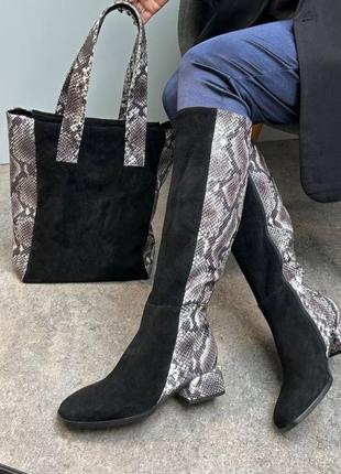 Эксклюзивные сапоги из натуральной итальянской кожи и замши женские под рептилию на низком каблуке