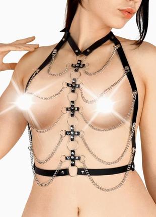 Женская портупея art of sex - cross, натуральная кожа, цвет черный, размер l-2xl