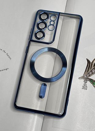Чехол для samsung s21 ultra. синий глянцевый цвет, с защитой камеры