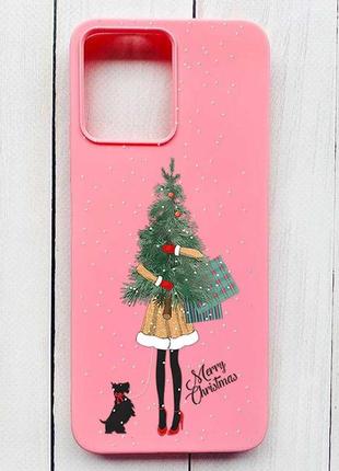 Матовый розовый чехол на xiaomi redmi 12 девушка с ёлкой (принт 134)