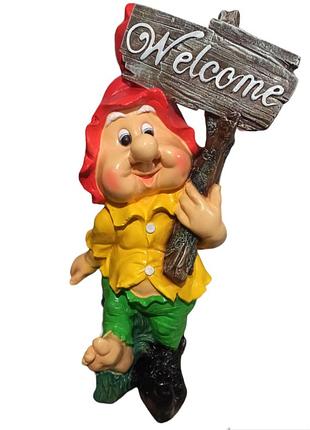 Садовая фигура гном с табличкой welcome 62 см | декоративный гном для сада и дачи | большой садовый декор