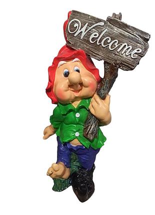Садовая фигура гном с табличкой welcome 62 см | декоративный гном для сада и дачи | большой садовый декор