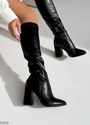 Чорні жіночі демісезонні чоботи на підборі каблуці з натуральної шкіри шкіряні...