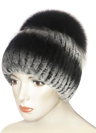 Меховая шапка из rex rabbit и песца "солнце" (серо-черная)