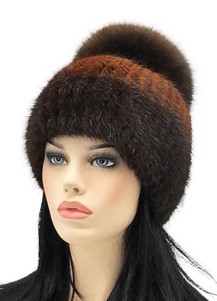 Меховая шапка из норки на трикотажной основе "бон" (рыже-коричневая)