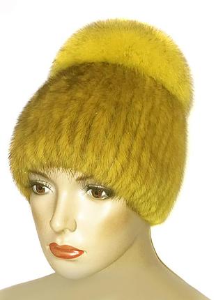 Женская меховая шапка из ондатры с песцом "лия" (жёлтая)