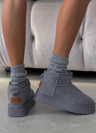 Жіночі уггі замшеві короткі на потовщеній підошві, серые укороченные угги натуральная замша