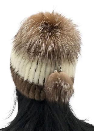 Меховая шапка из норки на трикотажной основе "бон" (молочно-коричневая)