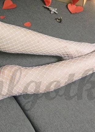 Чулки в сетку на широкой резинке высокие гольфы средняя сетка белые