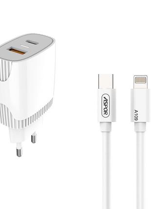 Сетевое зарядное устройство aspor a816 pd + qc fast charger 2в1 type-c + lightning- белый