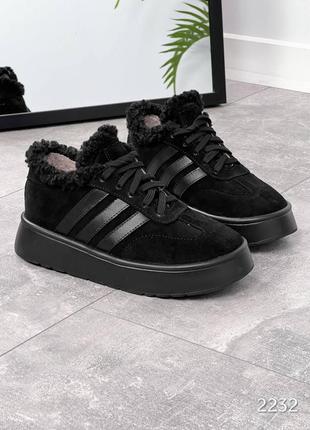 Натуральные замшевые утепленные кеды с мехом тедди