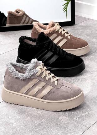 Натуральные замшевые утепленные кеды с мехом тедди