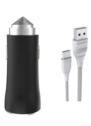 Автомобильное зарядное устройство aspor a918 metal led (2usb/3.4a) + кабель usb – type-c- черный