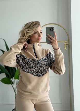 Спортивний костюм жіночий базовий теплий флісовий на флісі бежевий чорний білий осінній на осінь демісезонний джогери світшот без капюшона