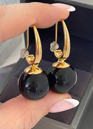 Сережки медсталь, чорна перлинка