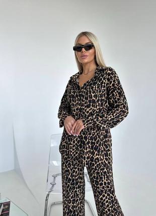 Жіночій якісний літній леопардовий брючний костюм сорочка і штани палаццо4 фото