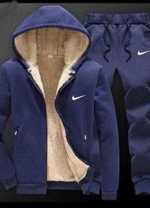 Мужской спортивный костюм nike на меху кофта c капюшоном и штаны на флисе теплый овчина+трехнитка на флисе