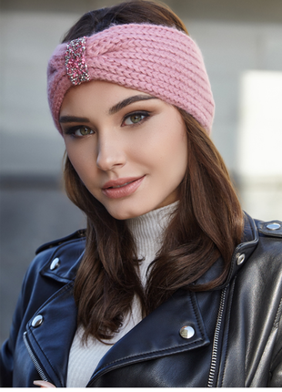 Повязка теплая вязаная на голову пудра ронда
