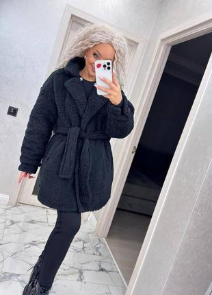 Тепла шубка пальто тедді баранчик бежева блакитна чорна подовжена оверсайз курточка зі...