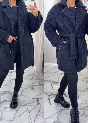 Тепла шубка пальто тедді баранчик бежева блакитна чорна подовжена оверсайз курточка зі...