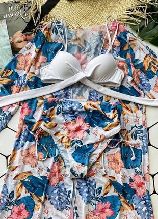 Купальник + накидка пляжный комплект раздельный купальник туника парео халат кимоно трусики плавки с завышенной талией лиф пуш-ап набор 3 в 13 фото