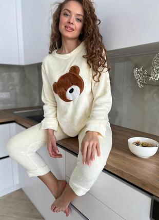 Тепла піжама молочна тканина махра в стилі тедді беар розміри м, l, xl, 2xl