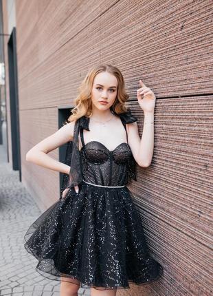 Черное короткое вечернее выпускное коктейльное платье, корсет бюстье3 фото