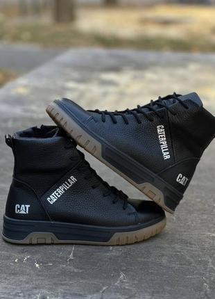 Зимові шкіряні ботинки cat чорні5 фото