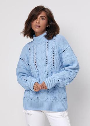 Светр жіночий в'язаний, ажурний, вовняний, фабричний, з візерунком коси, однотонний, блакитний