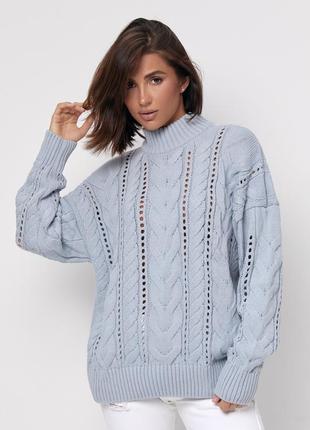 Светр жіночий в'язаний, ажурний, вовняний, фабричний, з візерунком, однотонний, світло-сірий