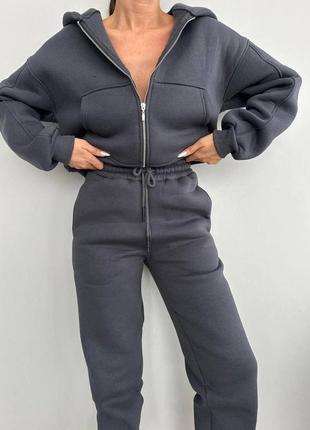 🌈6! шикарний теплий жіночий спортивний сірий графітовий костюм графіт женский на флісі...