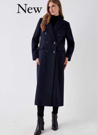 Нове темно-синє довге двобортне пальто