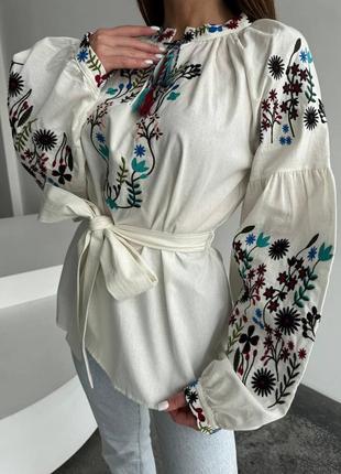 Женская вышиванка, вышитая рубашка, белая, блуза с вышивкой с длинным объемным рукавом2 фото
